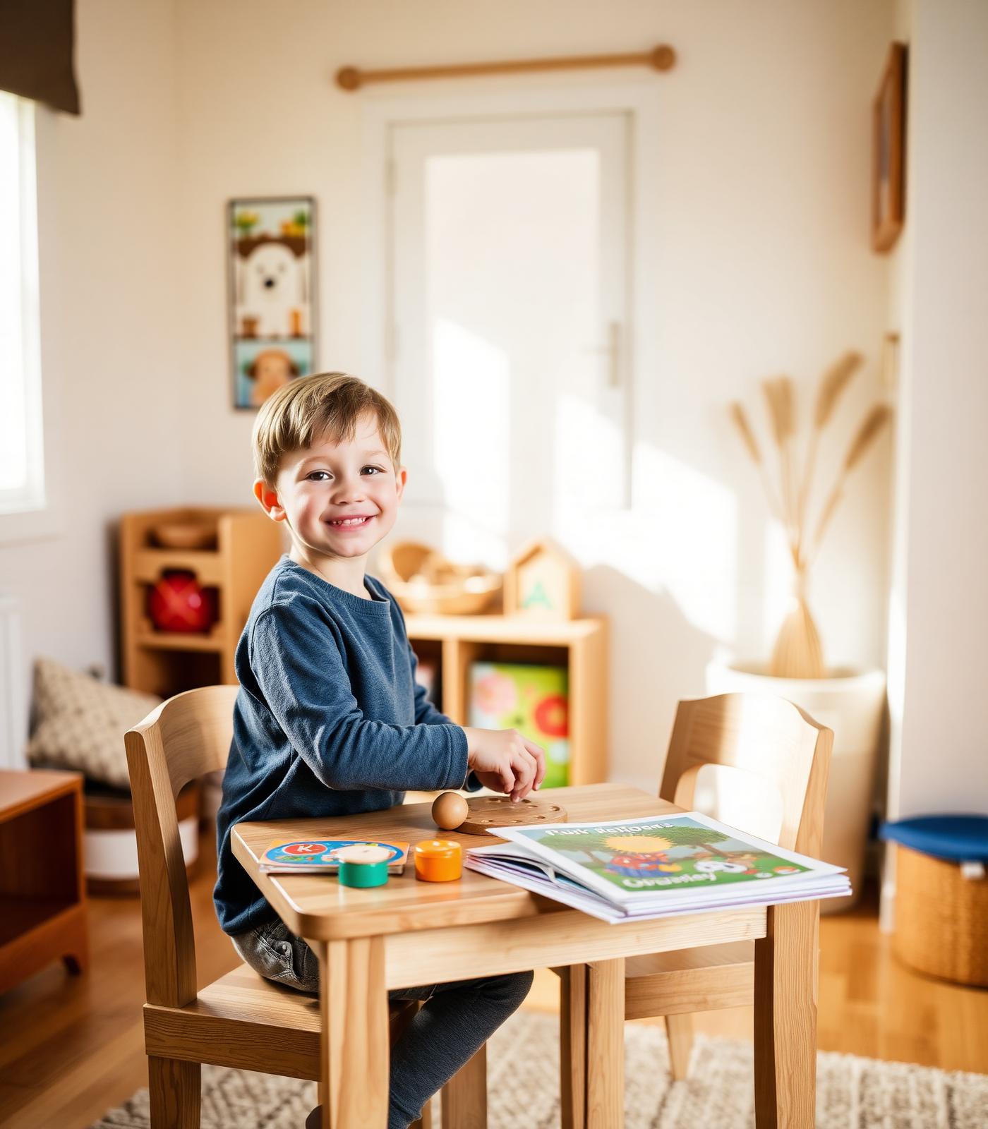 Kind speelt met houten educatief materiaal in warme praktijkomgeving
